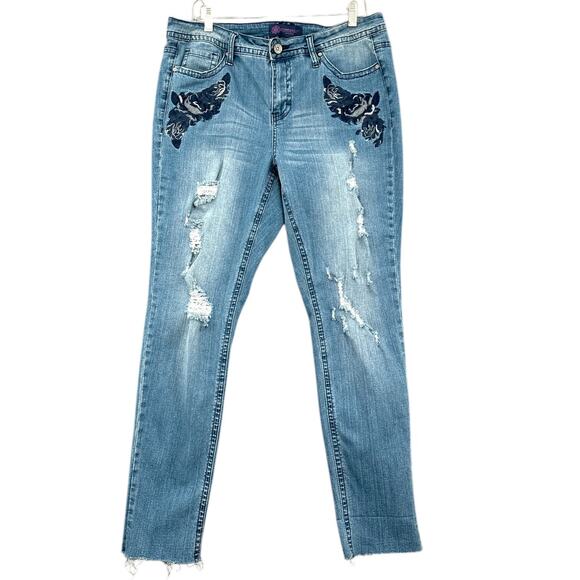 Hydraulic Natural‎ Skinny Blue Distressed Floral Embroidered Jeans Womens 16W - Picture 1 of 9